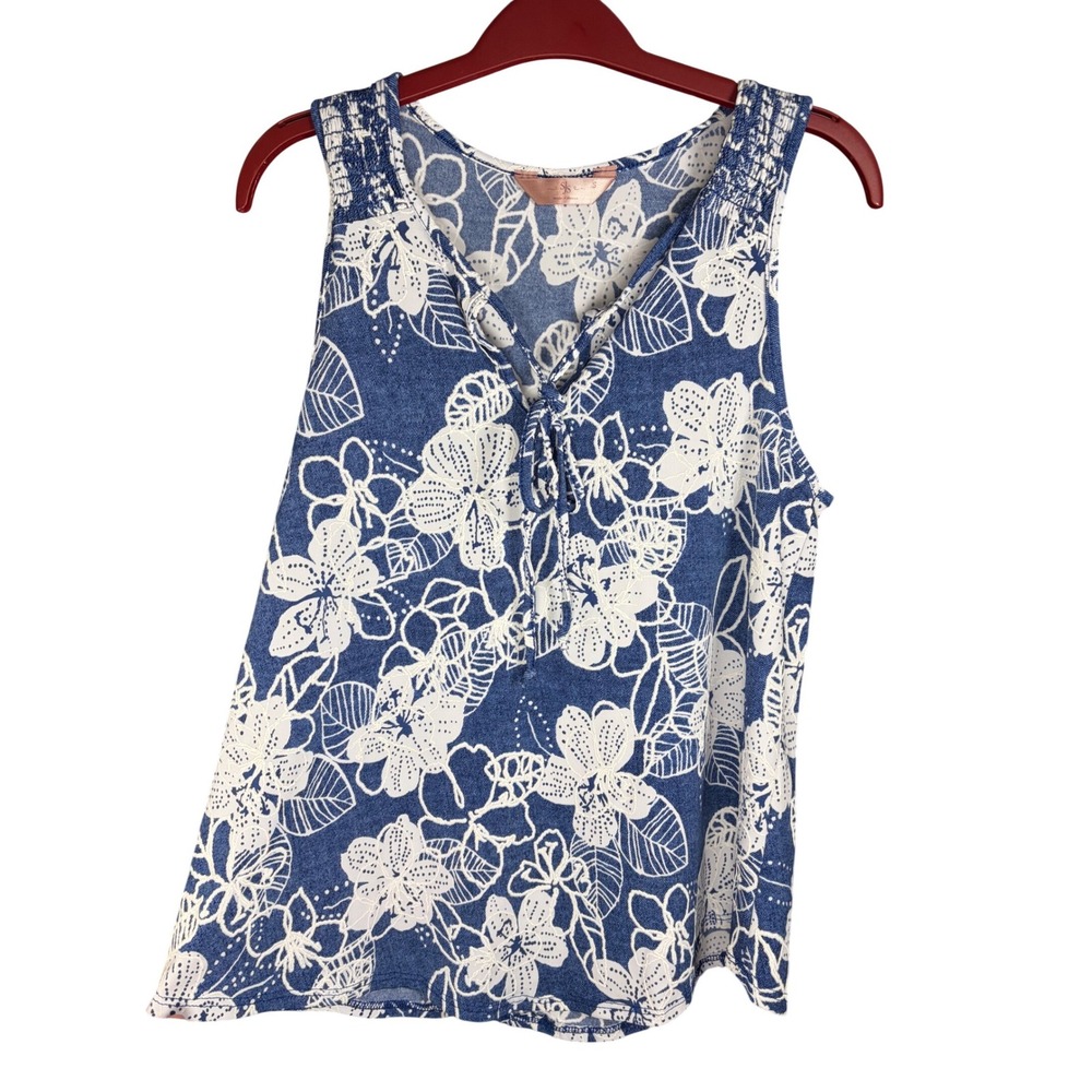 SJS Blue White Floral Lace Up V-Neck Sleeveless Tank Top Smocked Shoulder Small